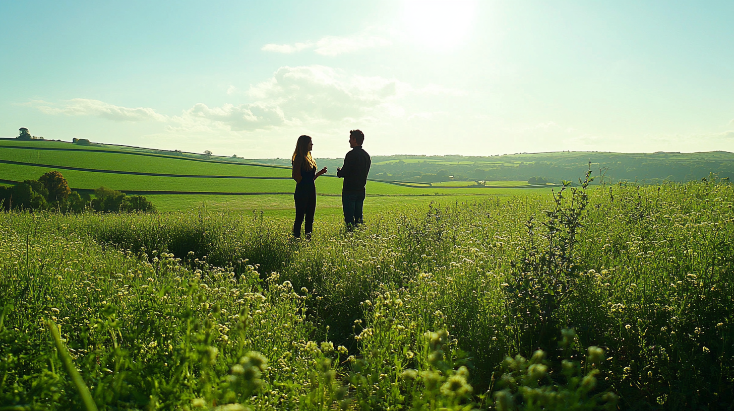 Man and woman standing in a field talking. Peaceful countryside.