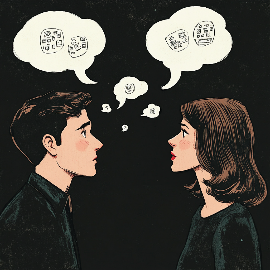 Man and woman talking with symbols in word balloons