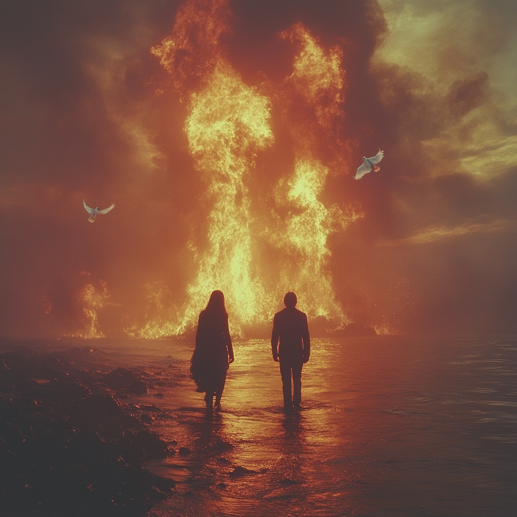 Man and woman walk towards fire on sea.