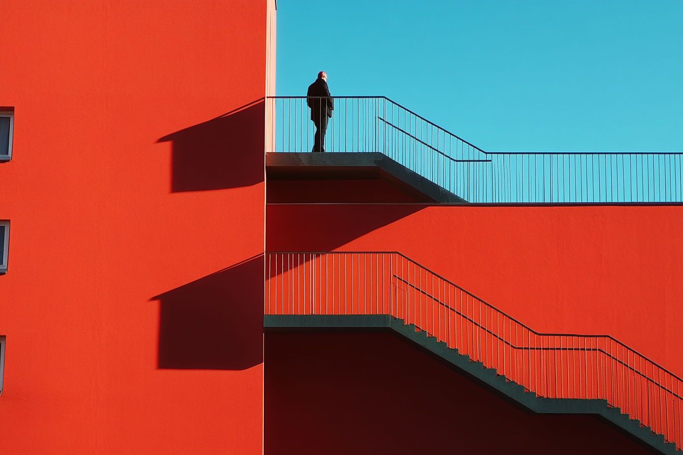 Man appears small in colorful Barhaus building photograph.