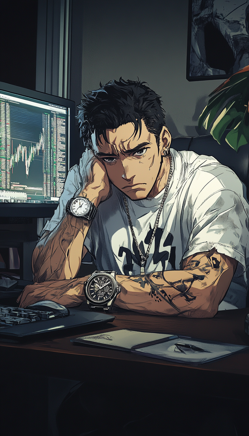 Man at desk, looking at forex charts, wearing Rolex.