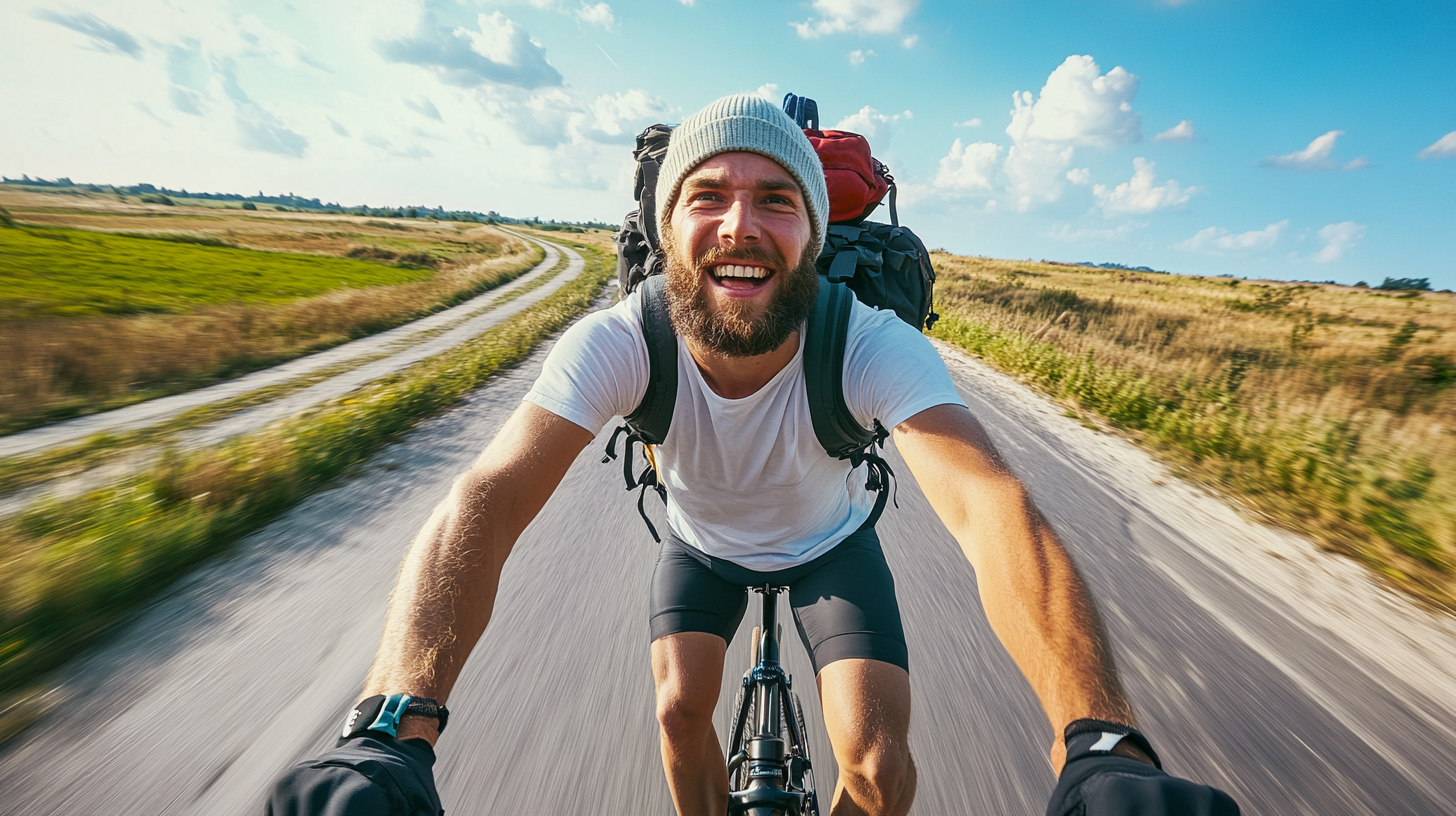 Man biking in race with determined expression and energy.