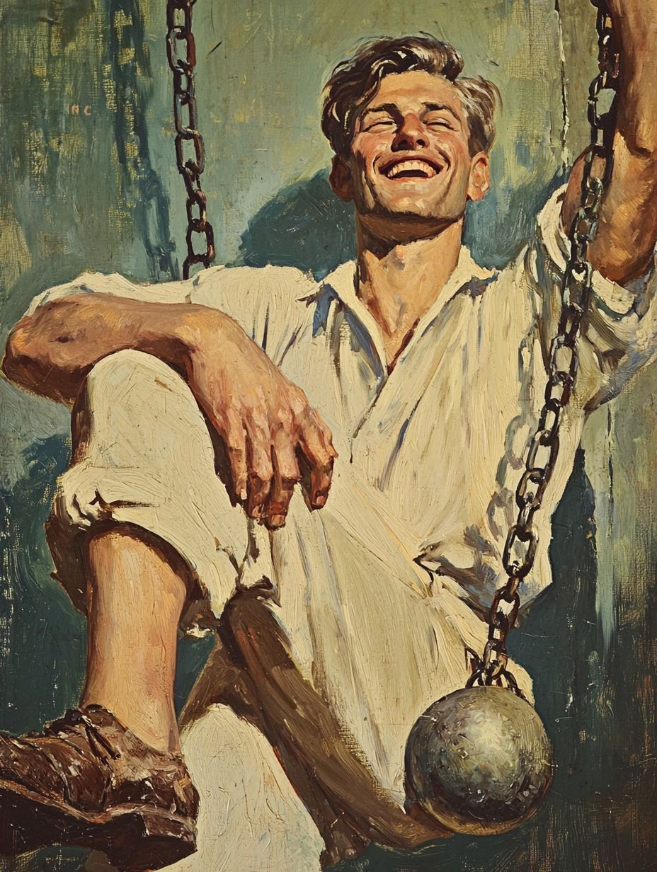 Man breaking free from shackles on vintage book cover.