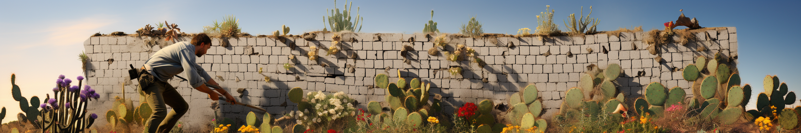 Man breaking wall, desert to garden, determined, strong.