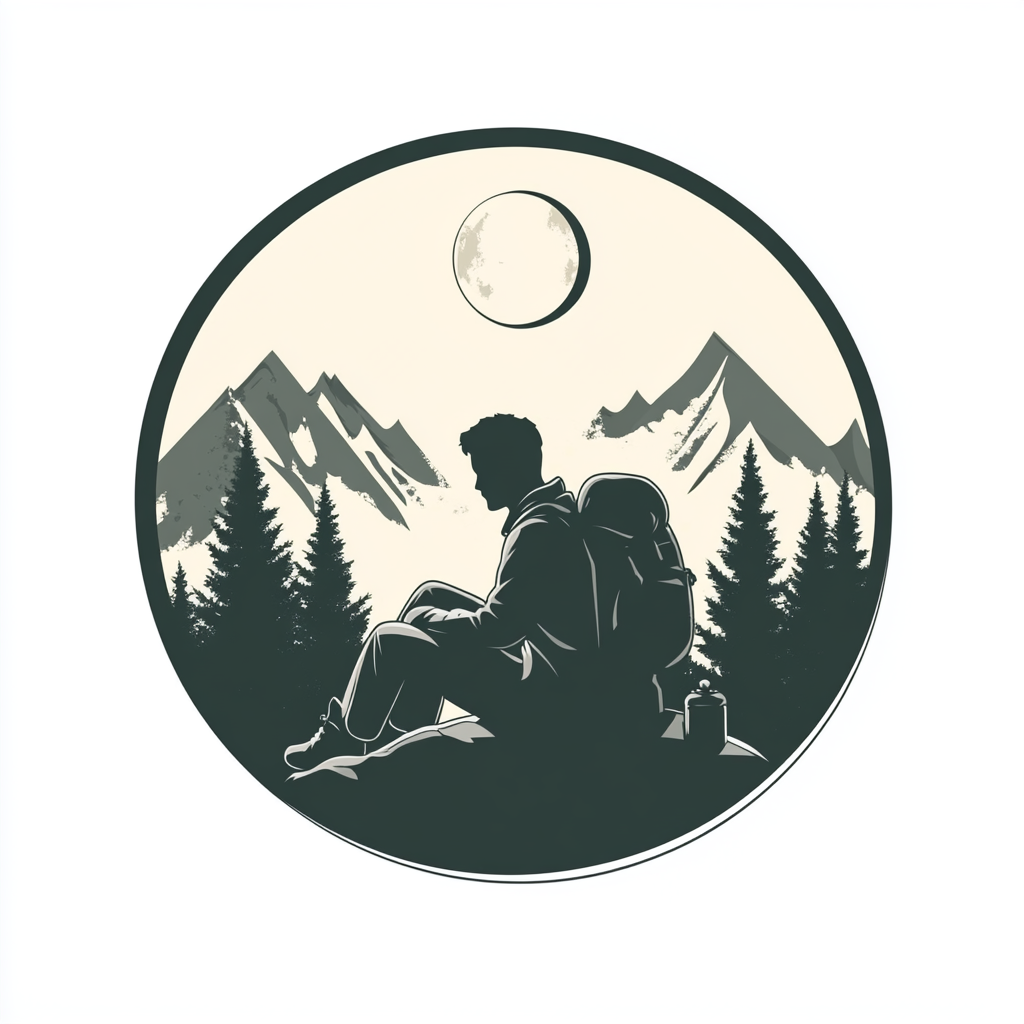 Man camping under moonlight, surrounded by mountains and trees.