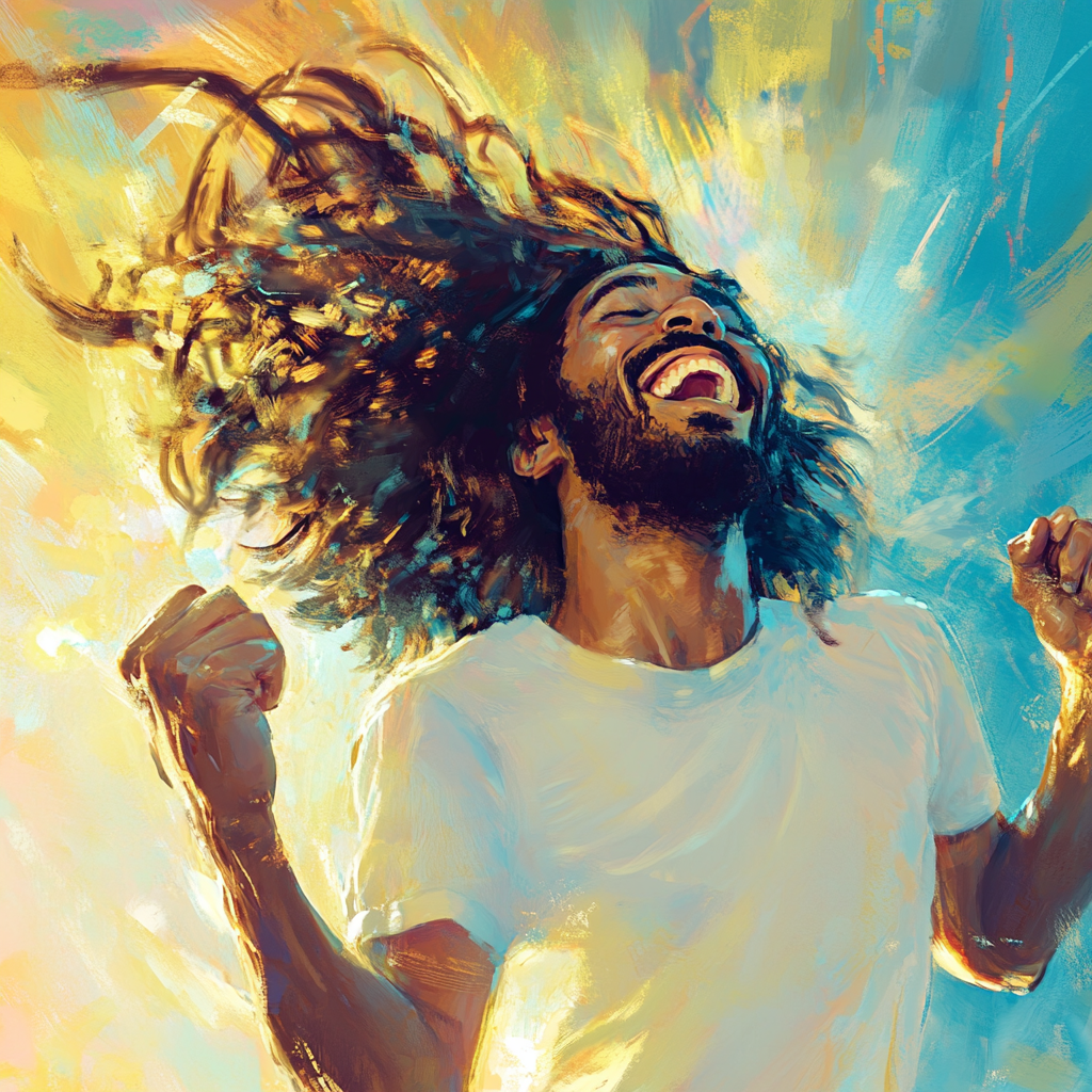 Man celebrating, running hands through healthy, shiny hair.