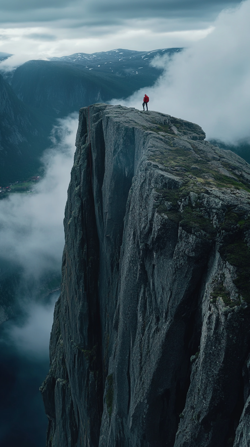 Man climbing cliffs in Norway at night, mist clouds.