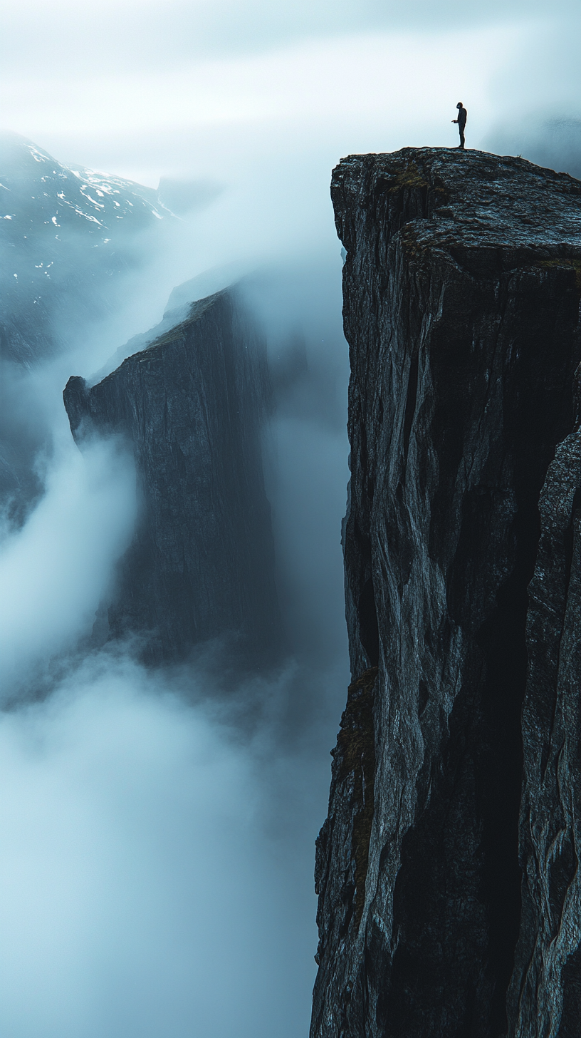 Man climbing cliffs in Norway with mist clouds above.