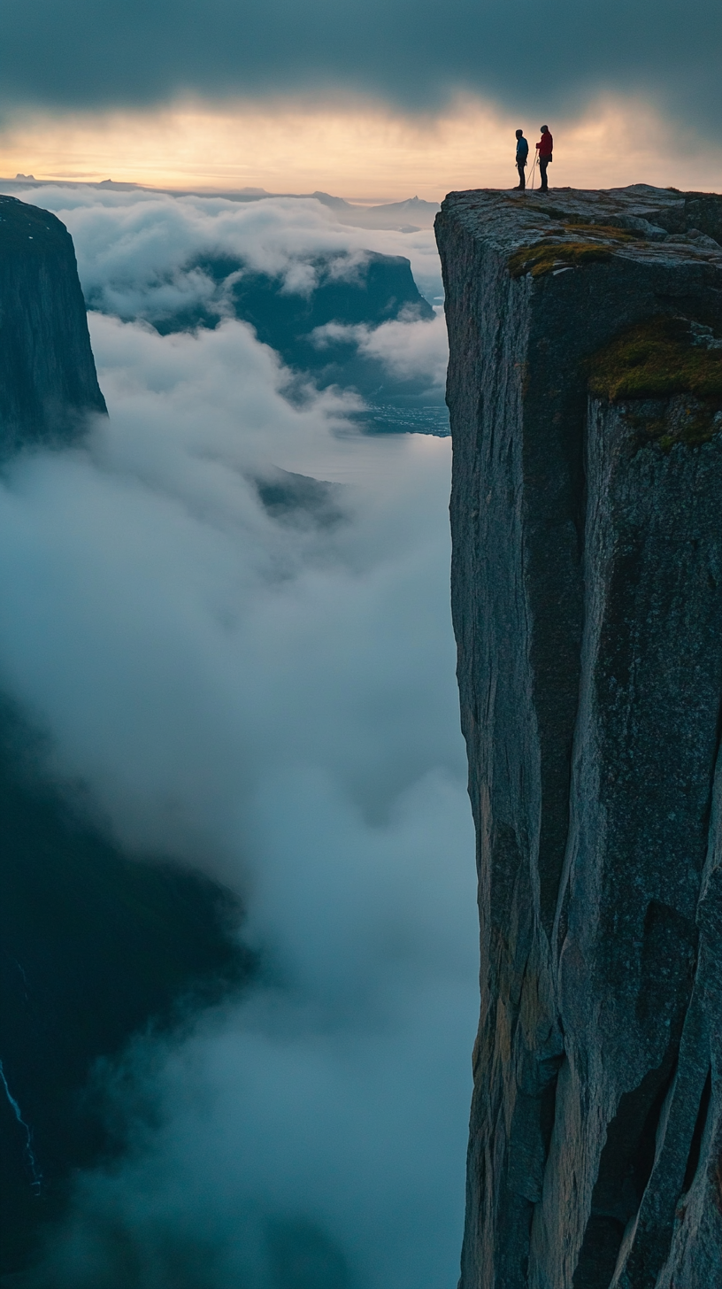 Man climbing cliffs in misty Norway at night.