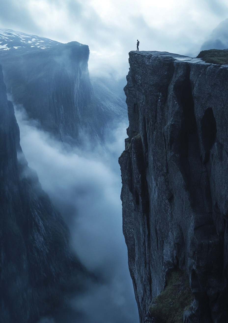 Man climbing cliffs of Norway at night in mist.