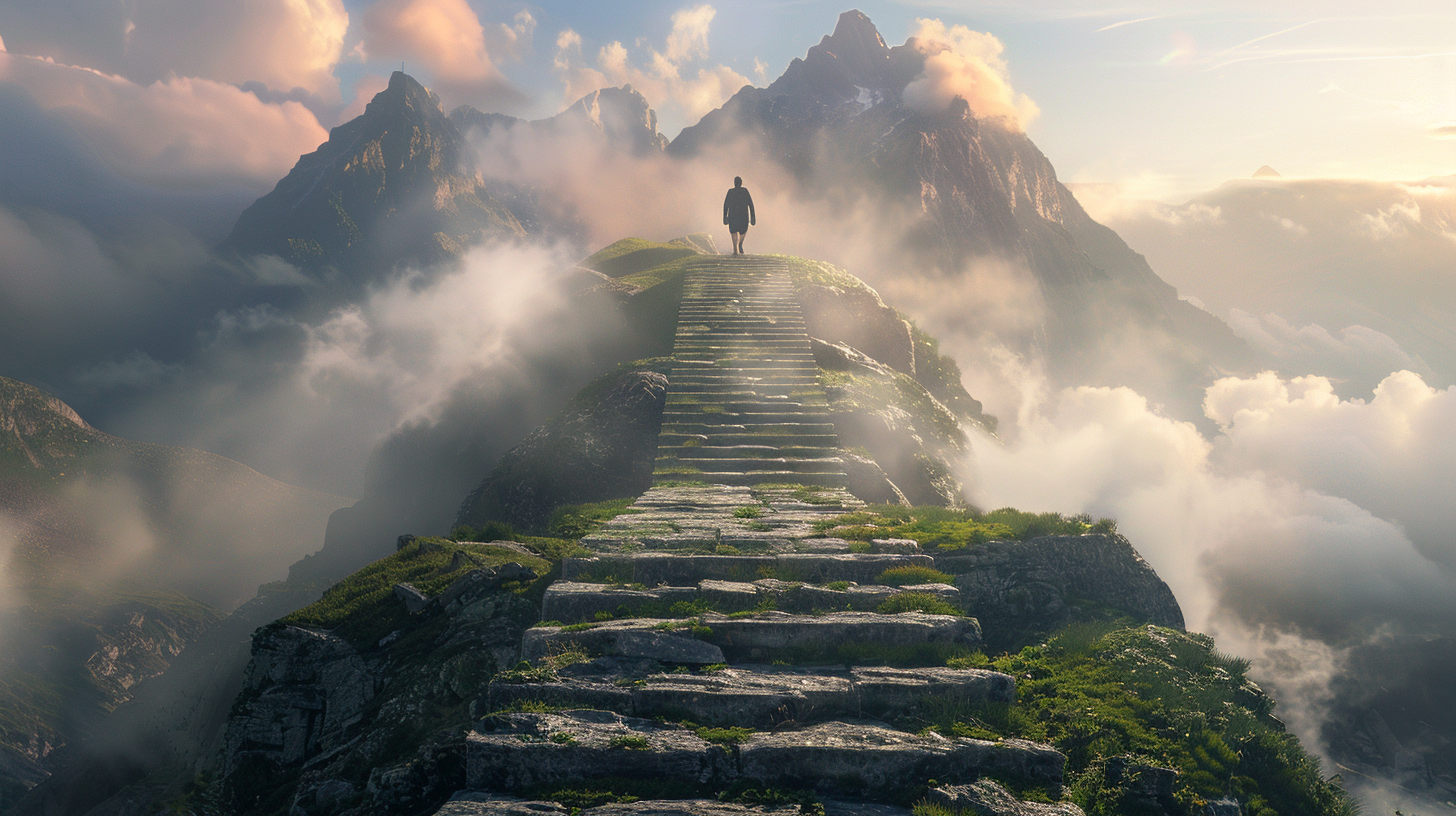 Man climbing endless stone steps in misty mountain landscape.