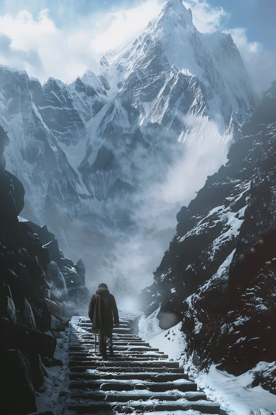 Man climbing snowy mountain staircase, misty distant goal hidden.