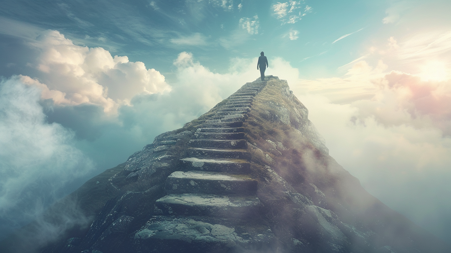 Man climbing steep stone staircase on mountain. Morning shadows highlight difficulty.