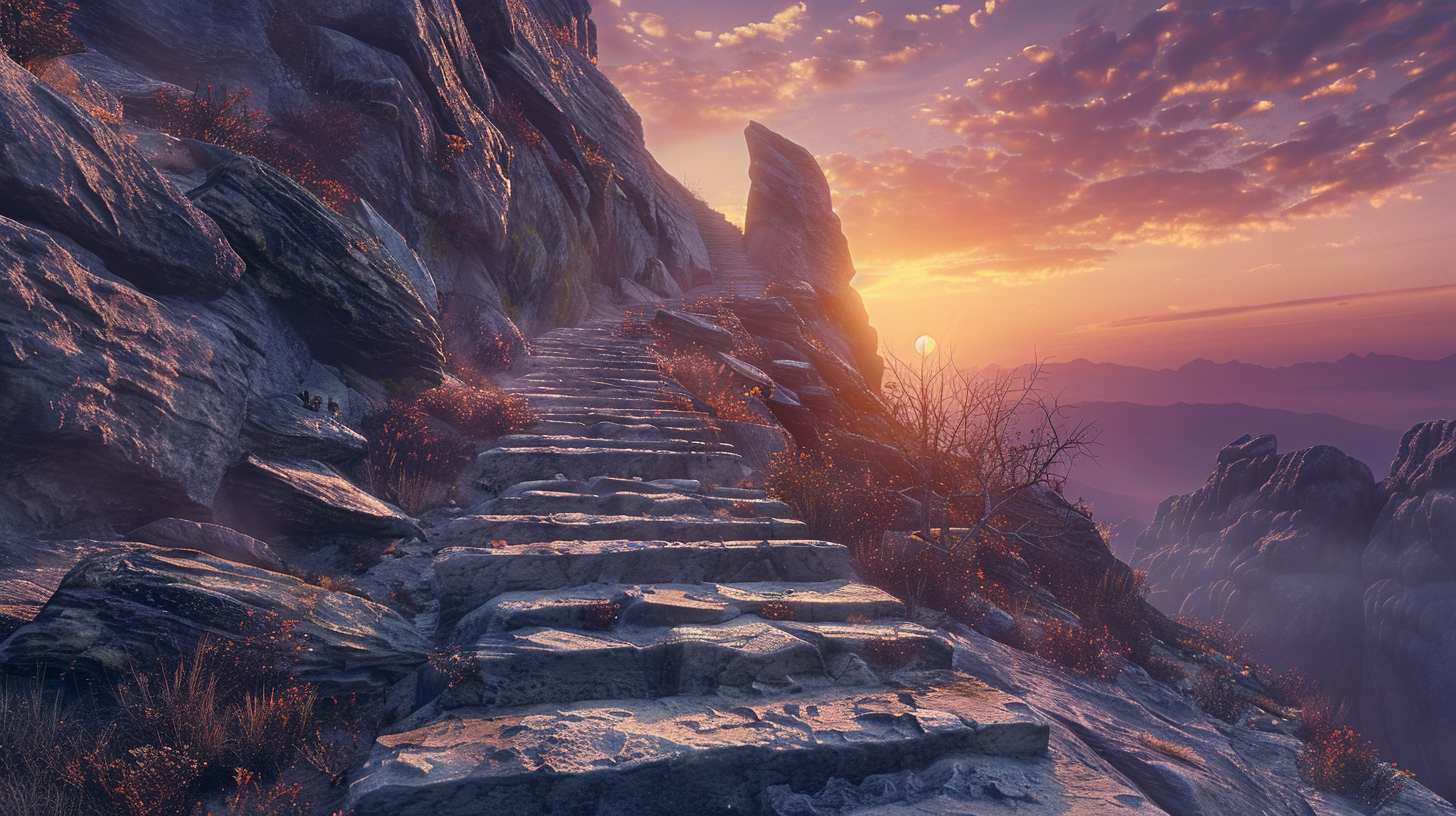 Man climbing stone staircase on mountain at sunset.