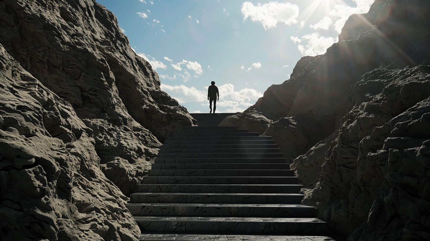 Man climbs steep mountain staircase, challenging terrain, harsh lighting.