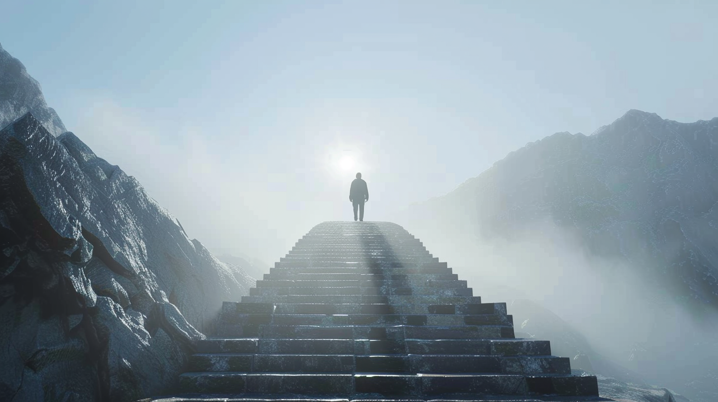 Man climbs stone steps with long shadows, misty sky.