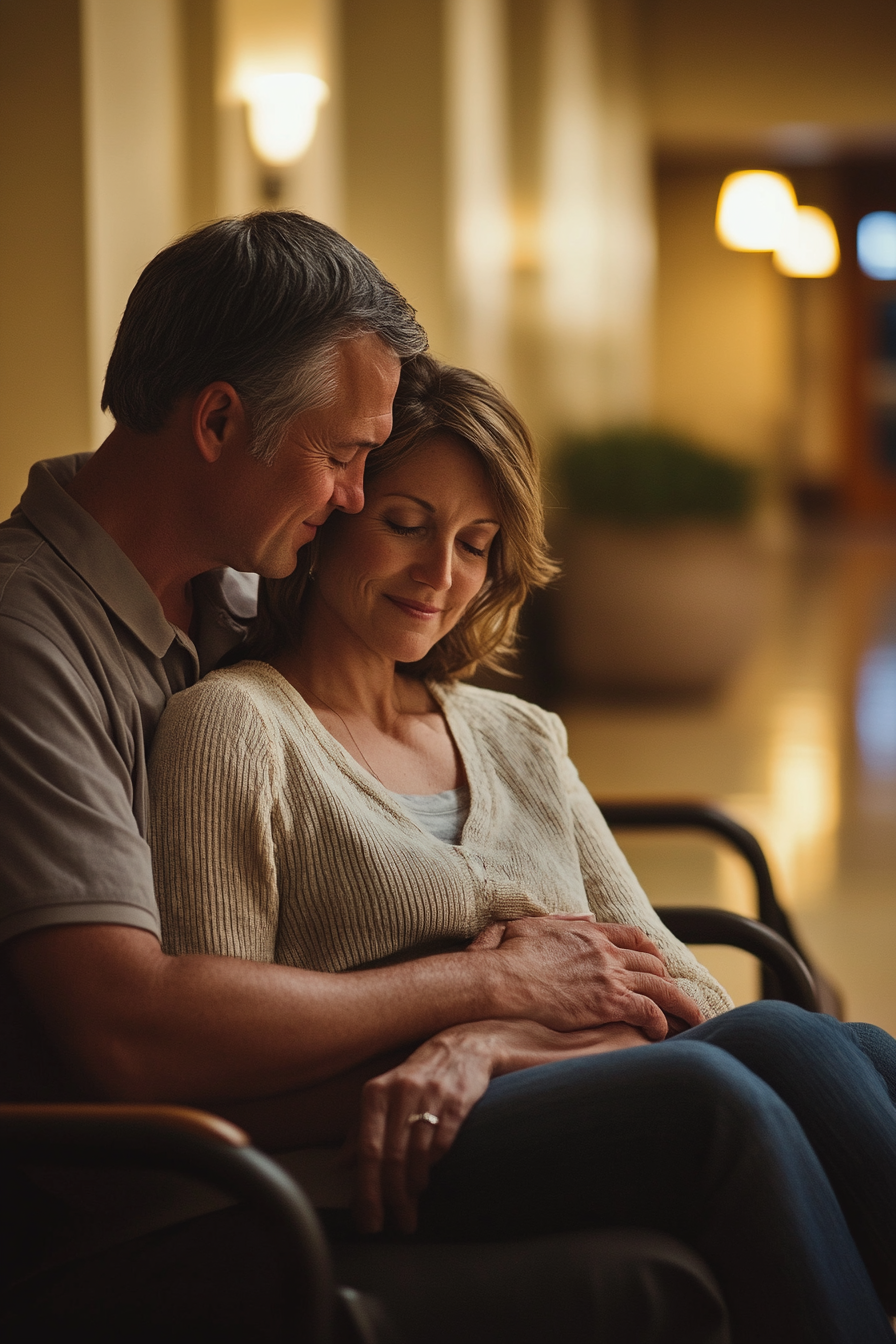 Man comforting wife in hospital waiting room, both smiling.