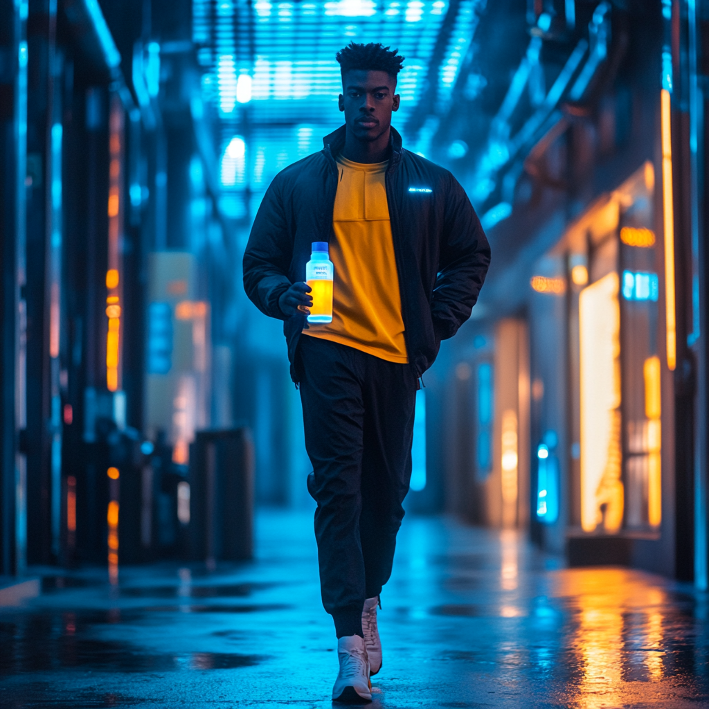 Man confidently walking in city with vibrant smoothie bottle.