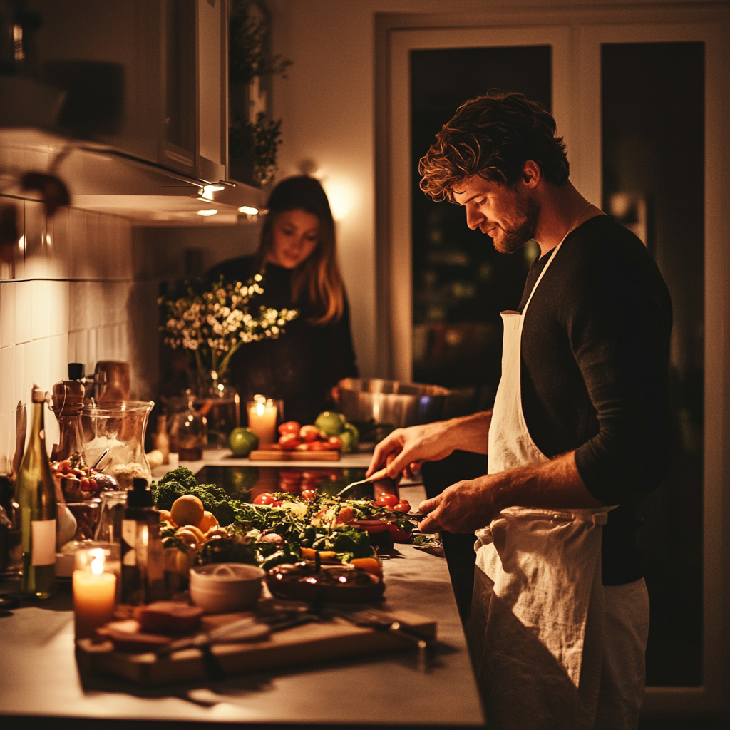 Man cooking in stylish kitchen with partner nearby.