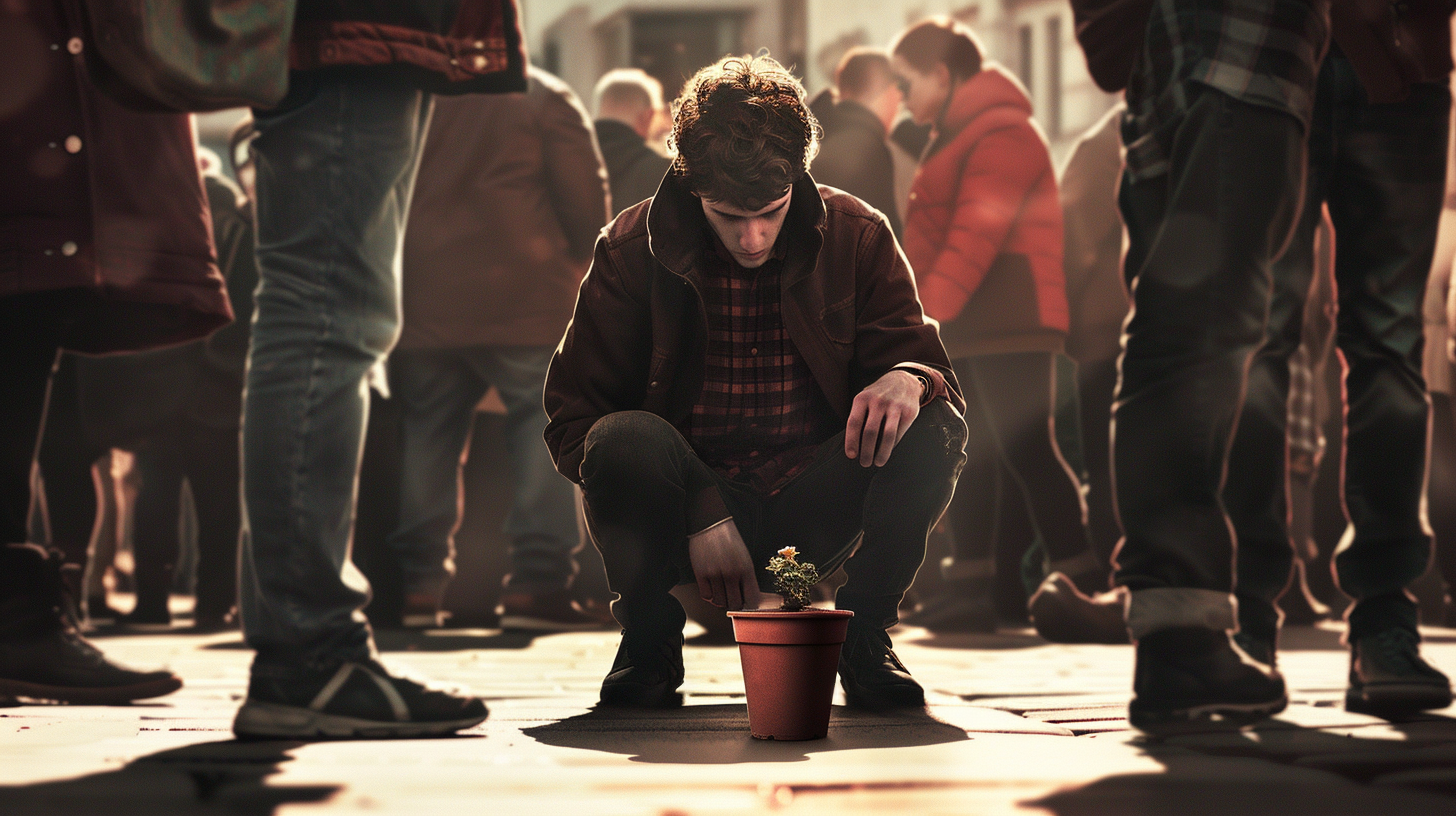 Man crouching, empty flower pot, people turning away.