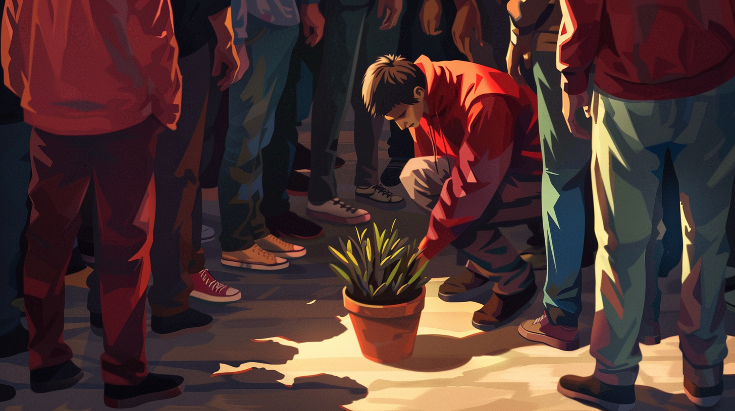 Man crouching with empty flower pot, people ignoring him.