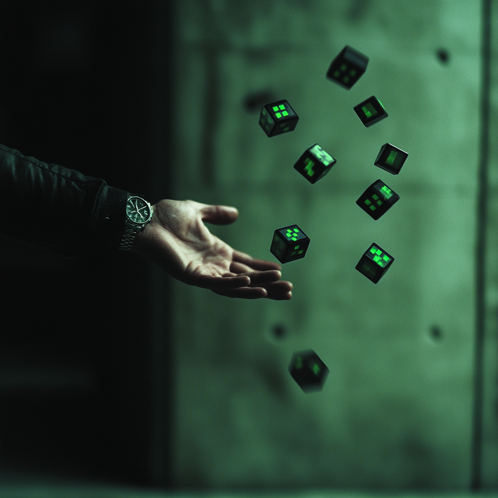 Man dropping green checkered cubes in dark room