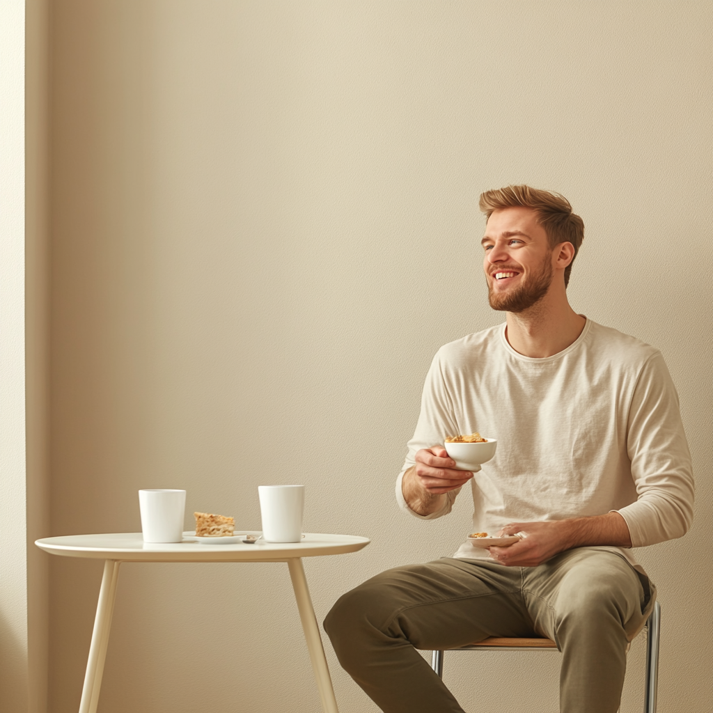 Man eating happily at table in cream-colored room.