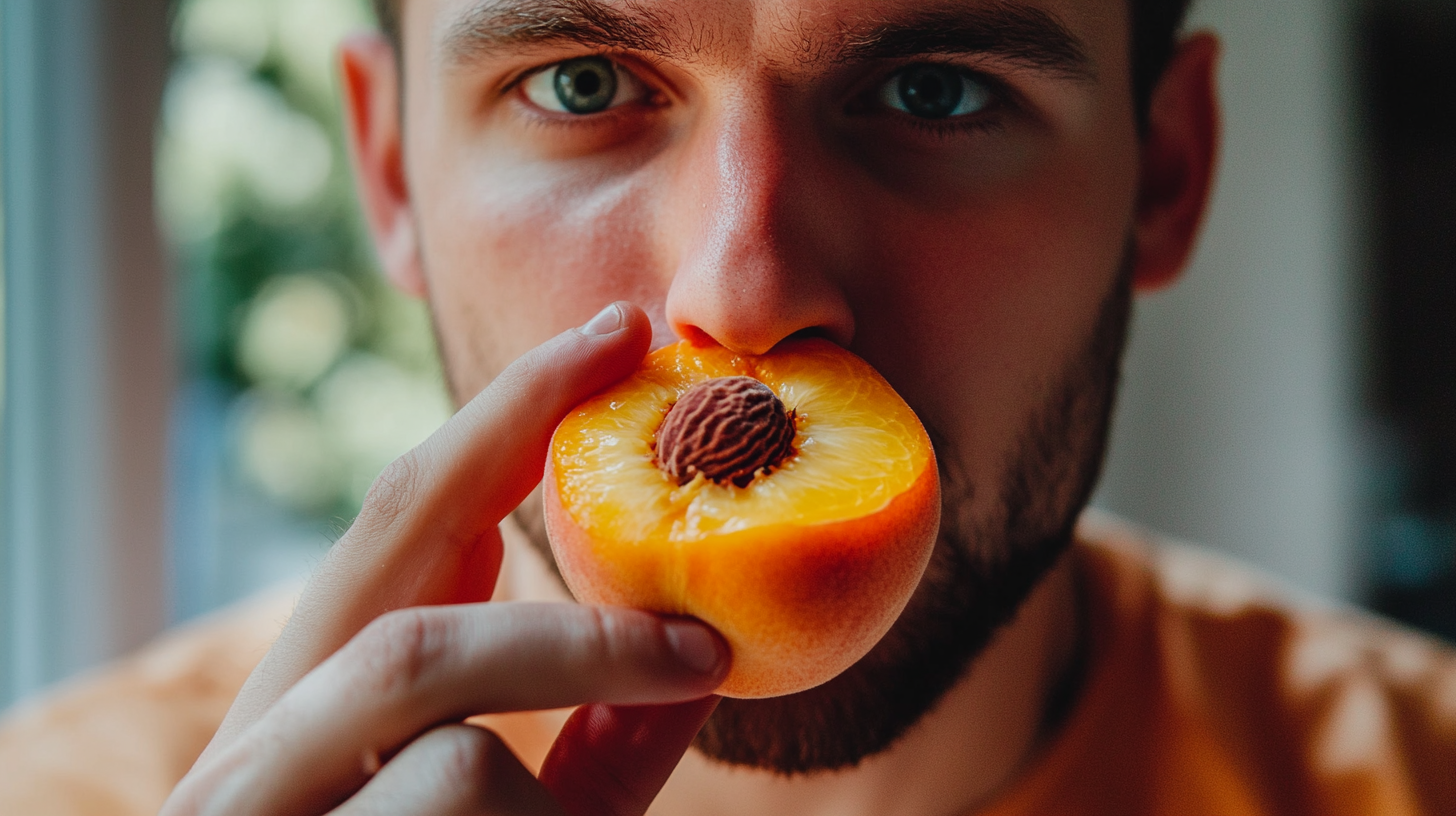 Man eating peach, pit visible, bright natural light.