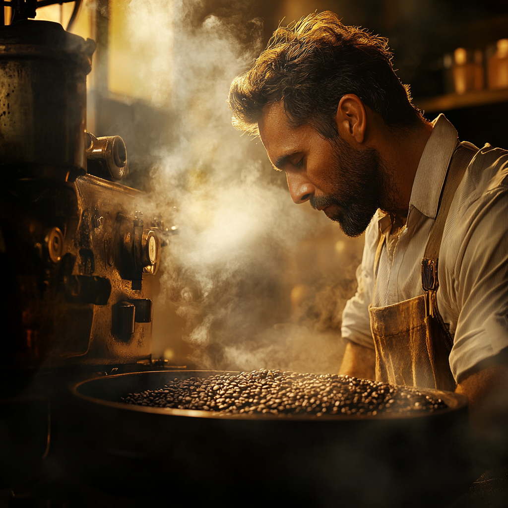 Man enjoys coffee roast, inhaling aroma, near roaster