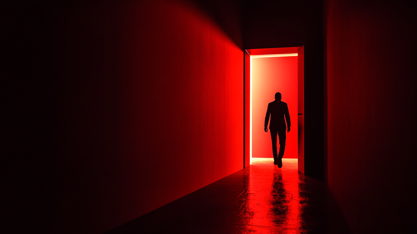 Man enters door into light within dark, red realism.