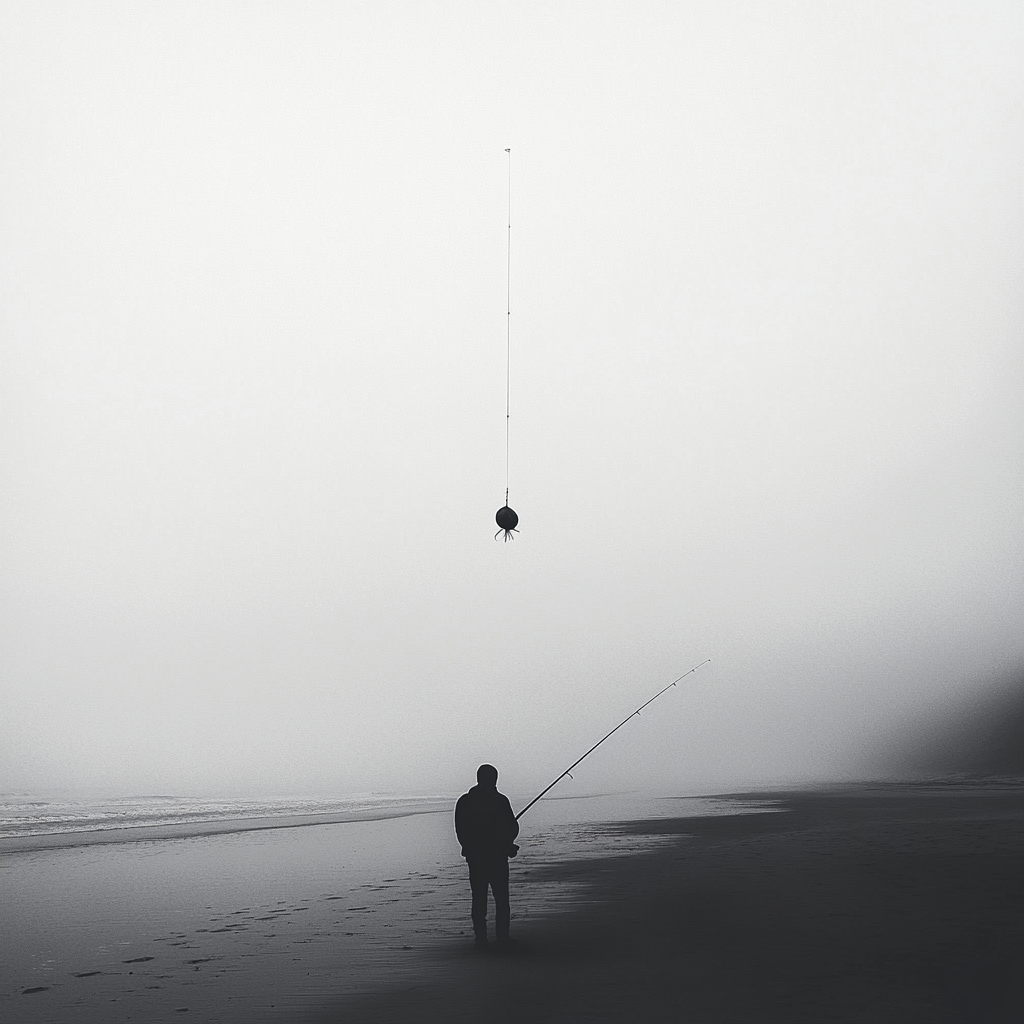 Man fishing on foggy morning beach