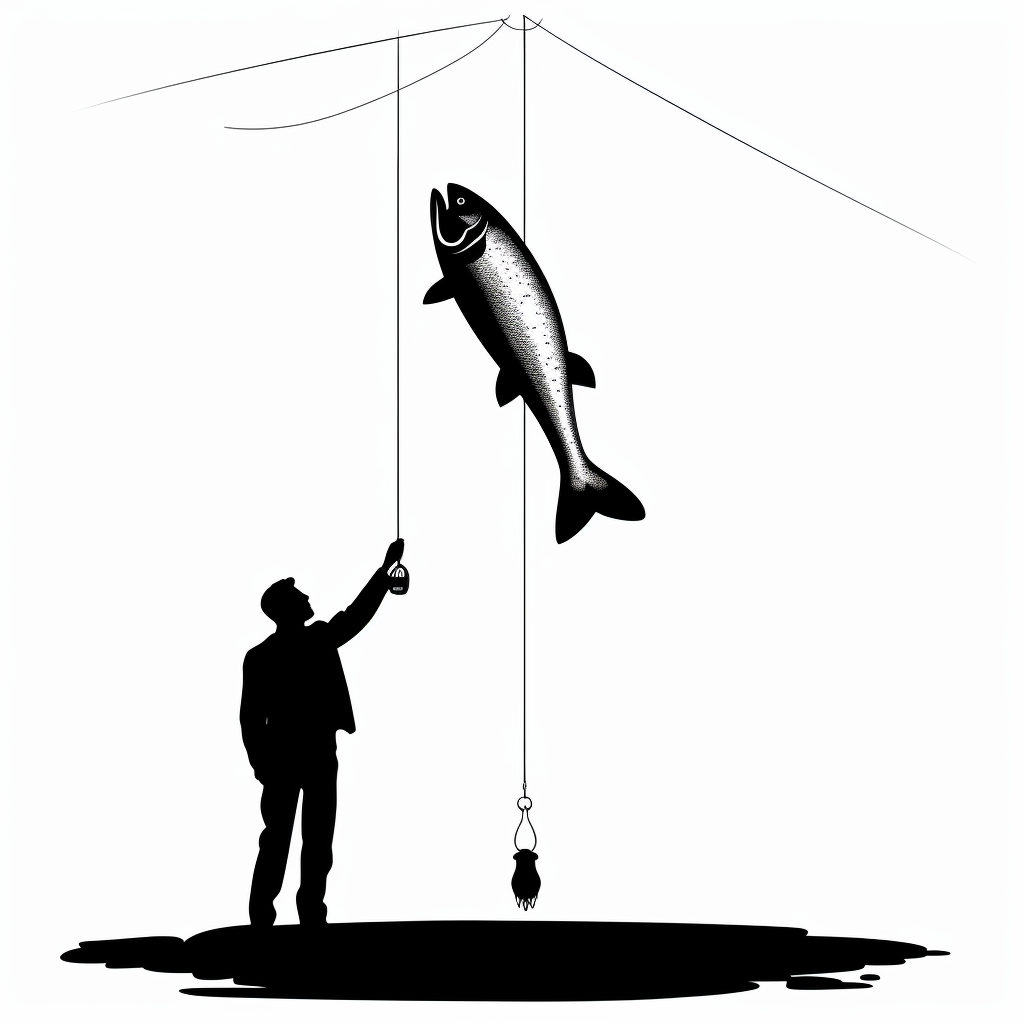 Man fishing with black and white vector style image.