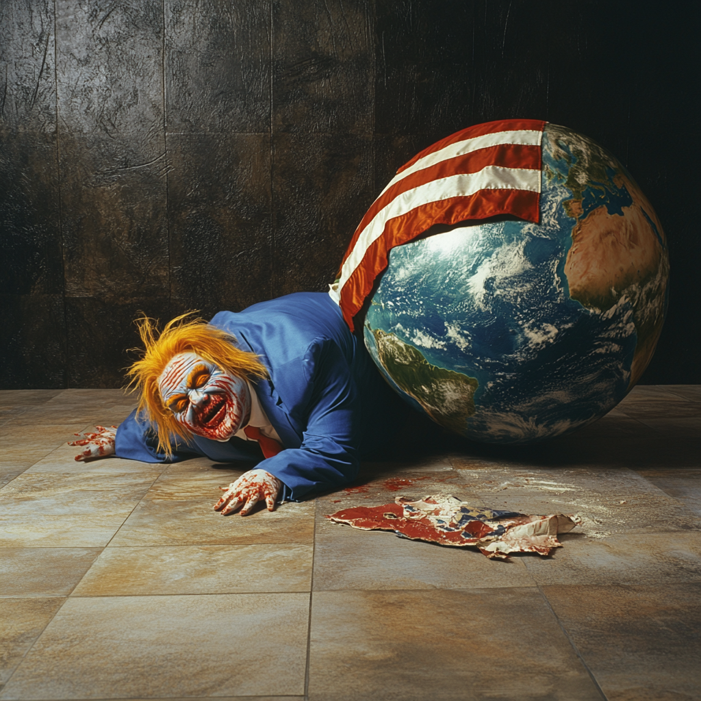 Man flattened by earth globe, American flag nearby.