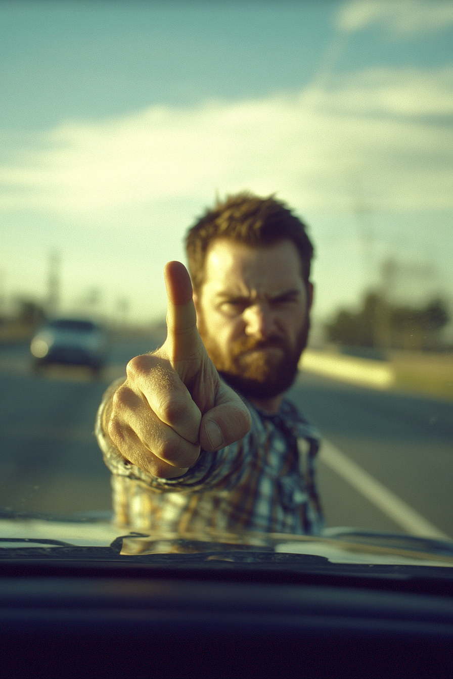 Man flips off camera on highway, realistic cinematography.