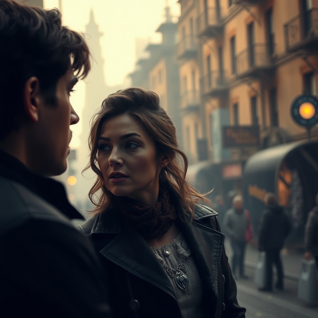 Man gazes at woman in steampunk city.