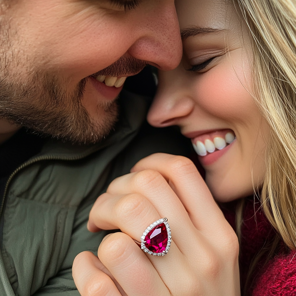 Man gives woman shiny red ruby ring