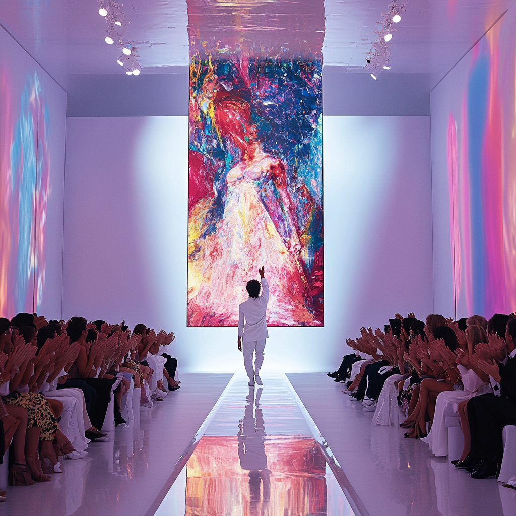 Man hangs large painting in fashionable runway show setting.