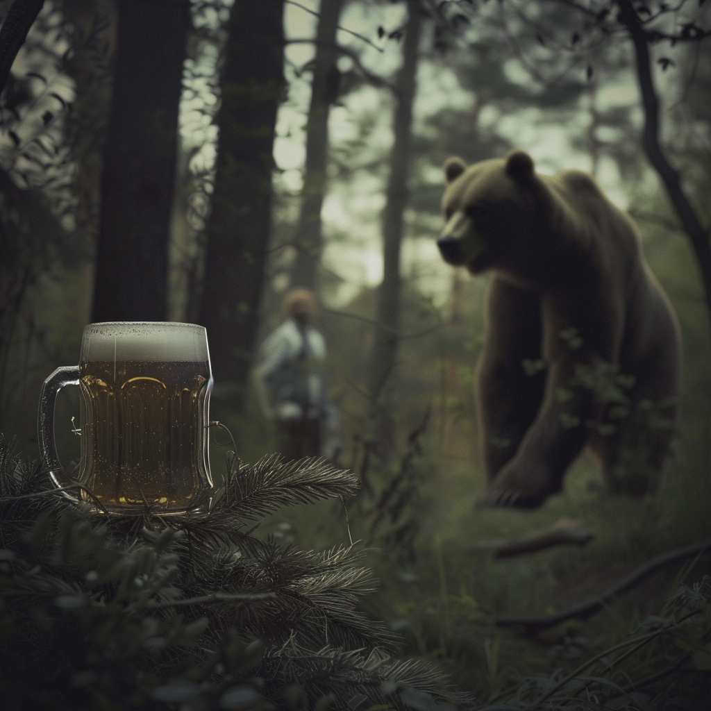 Man hiding behind bush, large bear, mug of beer.