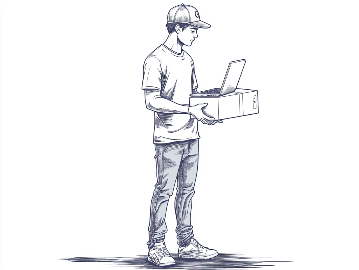 Man holding box and laptop in black white.