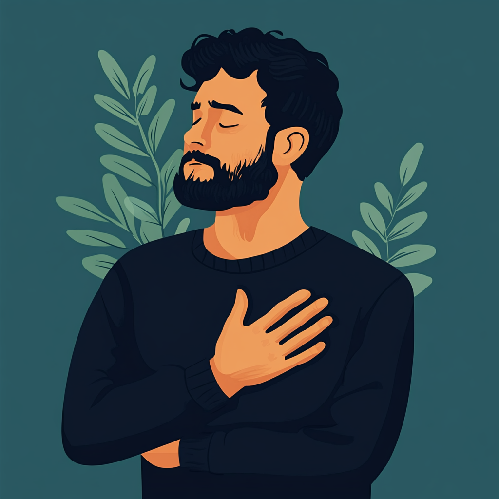 Man holding chest in discomfort, symbolizing Regurgitation. Green and navy.