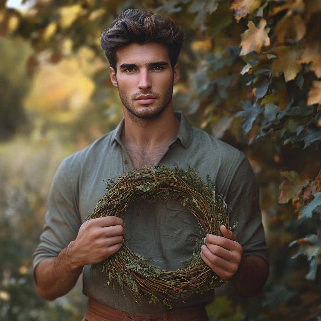 Man holds grapevine wreath outdoors in the fall.