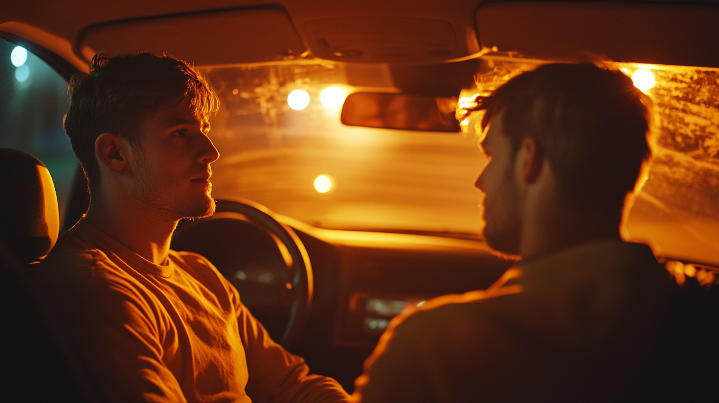 Man in 20s and instructor in driving school car.