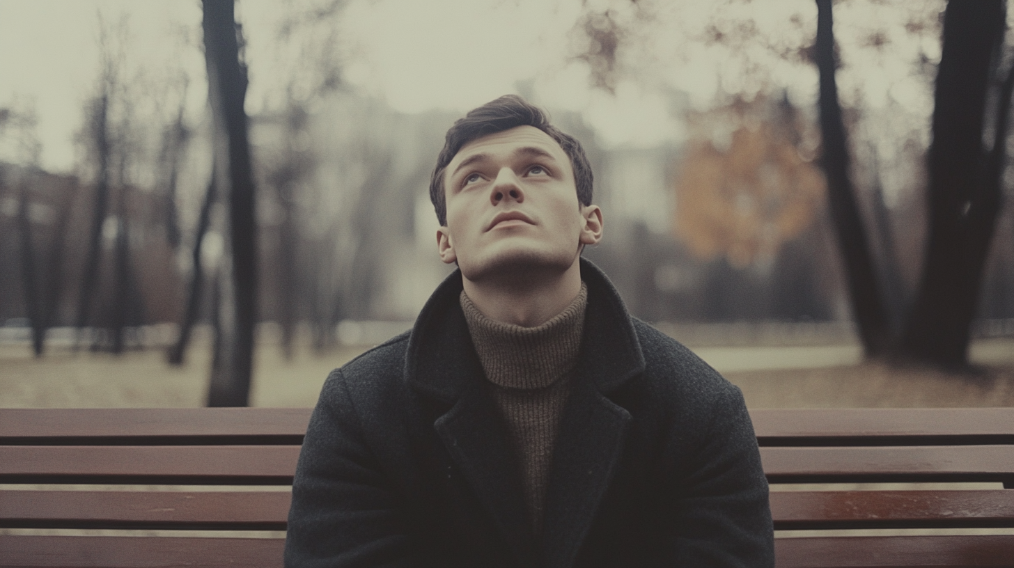 Man in 30s in park bench, Estonia 90s.