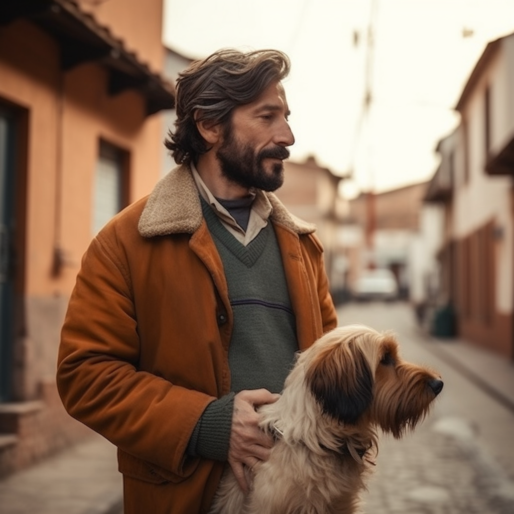 Man in 40s, Boy Jumping, German Shepherd Walking - Suburban Scene