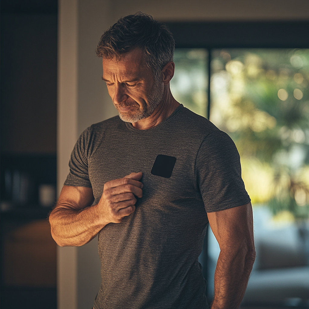 Man in 40s-50s with pain relief patch