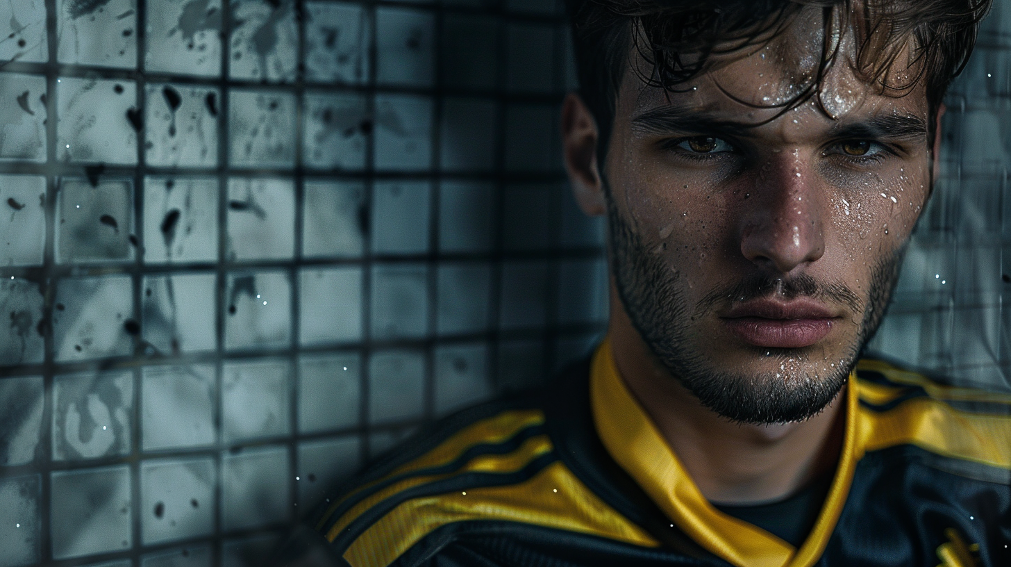 Man in Black and Yellow Soccer Jersey on Gray Tiles