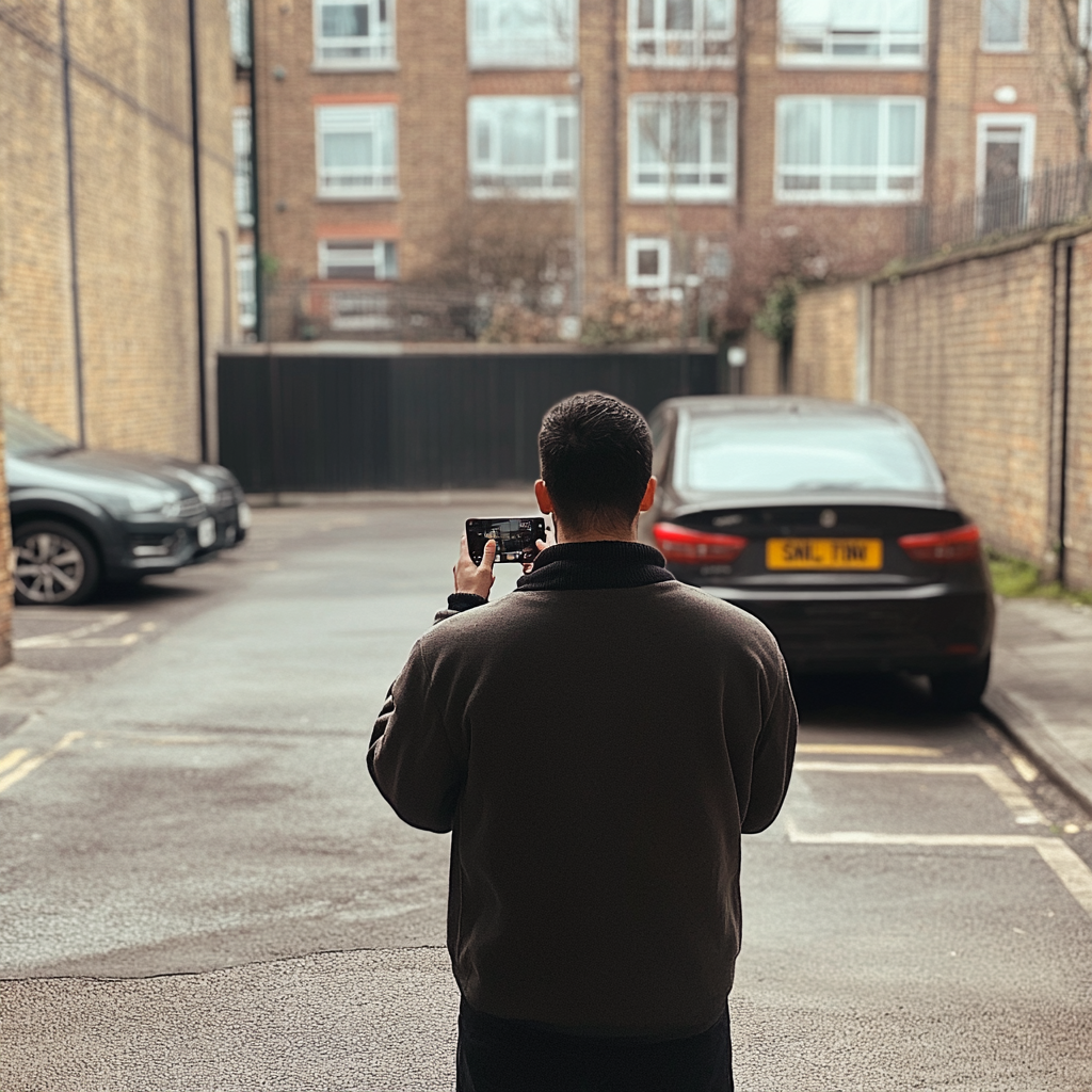 Man in London parking lot takes car plate photo.