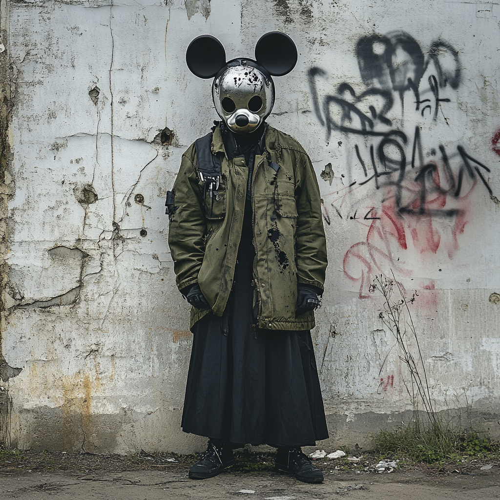 Man in Mickey Mask with Green Jacket on Rainy Day.