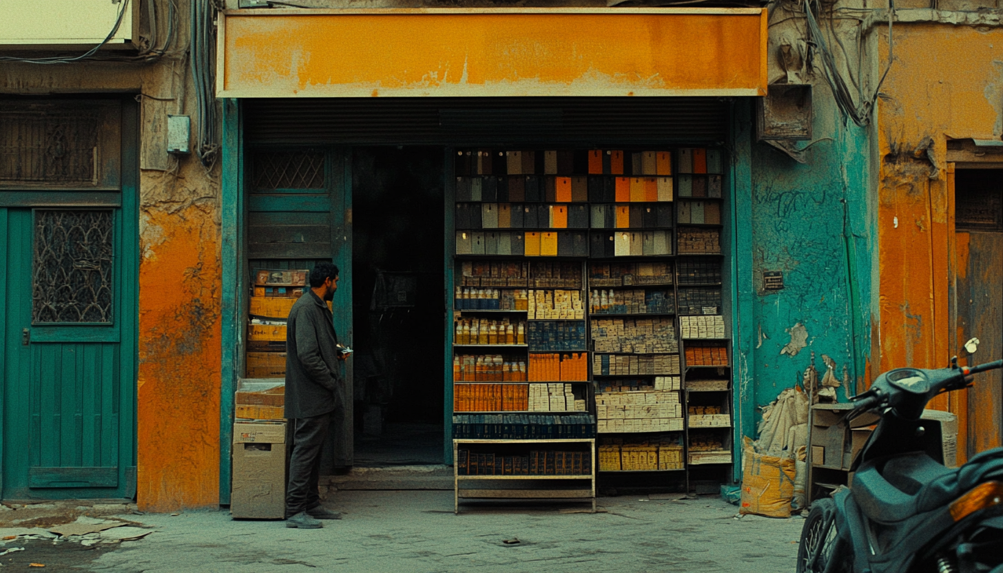 Man in Middle Eastern Setting, Storefront, Movie Aesthetics