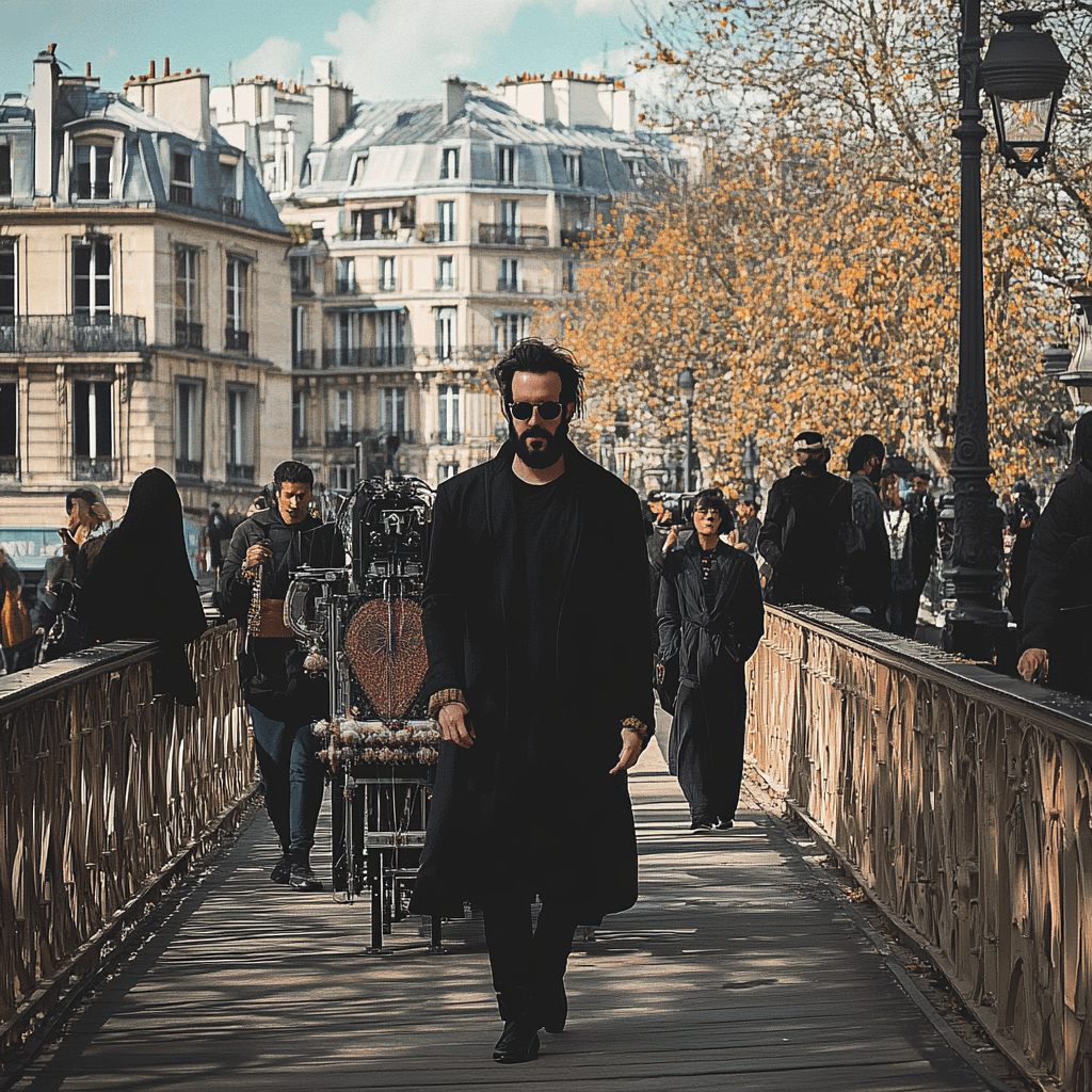 Man in Paris on bridge doing embroidery show.